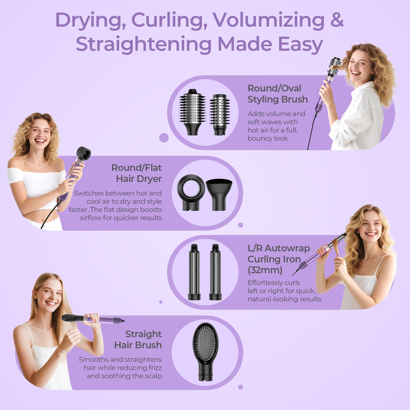 Vincofy lilac oval brush smoothing hair with even heat distribution