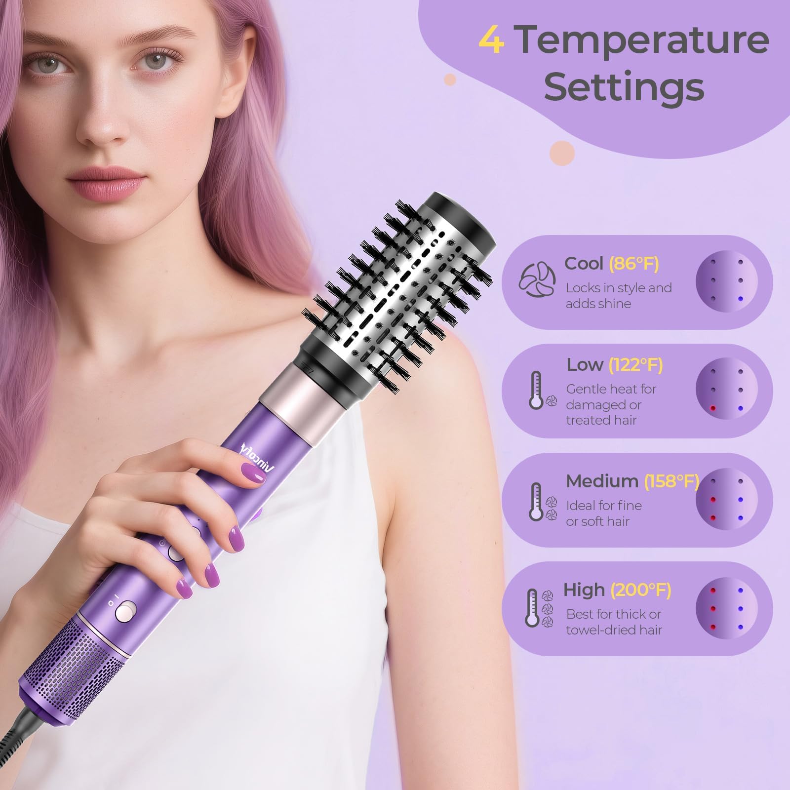 Vincofy lilac straightening brush delivering sleek results with controlled heat