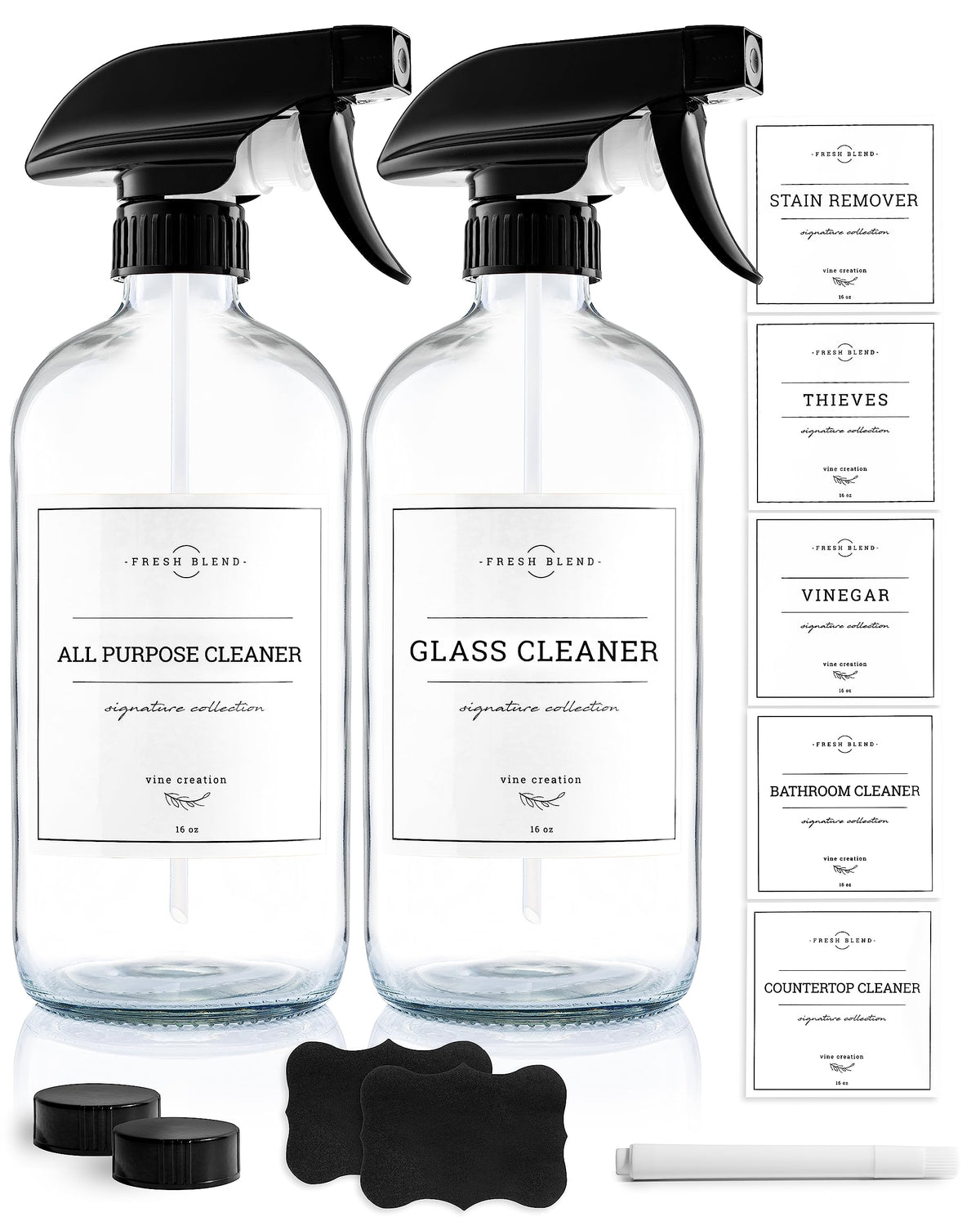 Vine Creations glass spray bottles 16oz set for easy cleaning and gardening tasks.