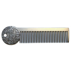 THE VINTAGE GROOMING CO Close-up of fine-tooth and wide-tooth dual-sided metal beard comb for versatile styling