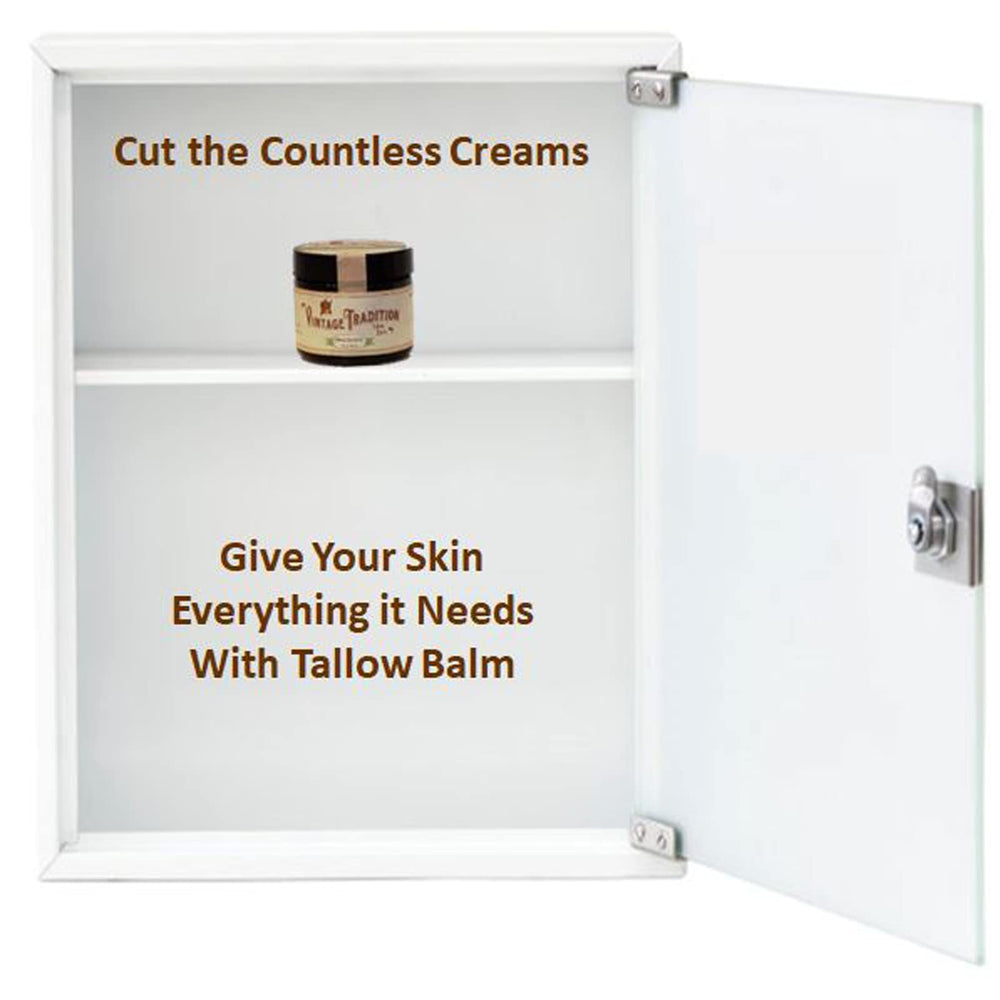 Vintage Tradition beef tallow balm 2oz packaging showcases convenient, portable skincare for on-the-go.
