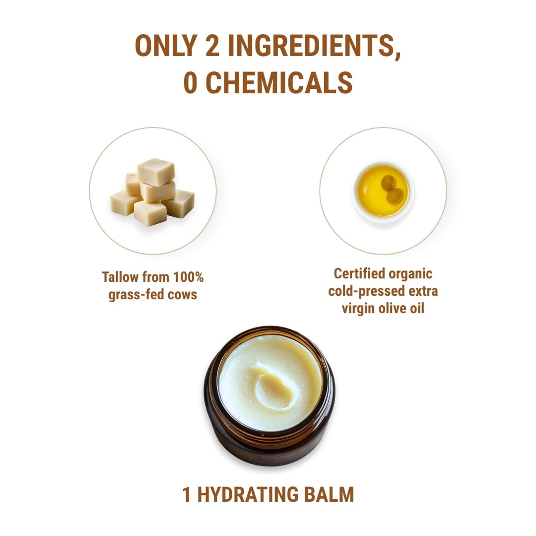 Vintage Tradition beef tallow balm ingredient spotlight shows olive oil and tallow for balance.