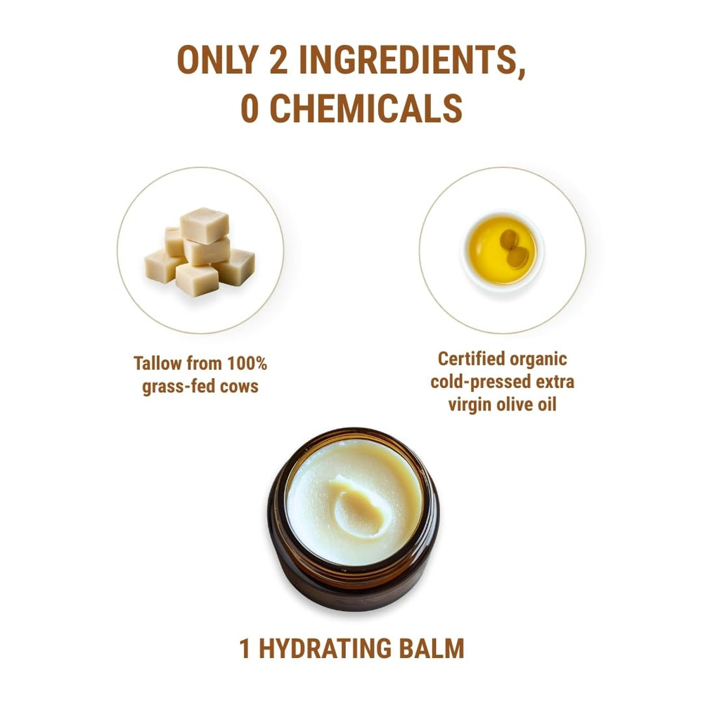 Vintage Tradition beef tallow balm ingredient spotlight shows olive oil and tallow for balance.