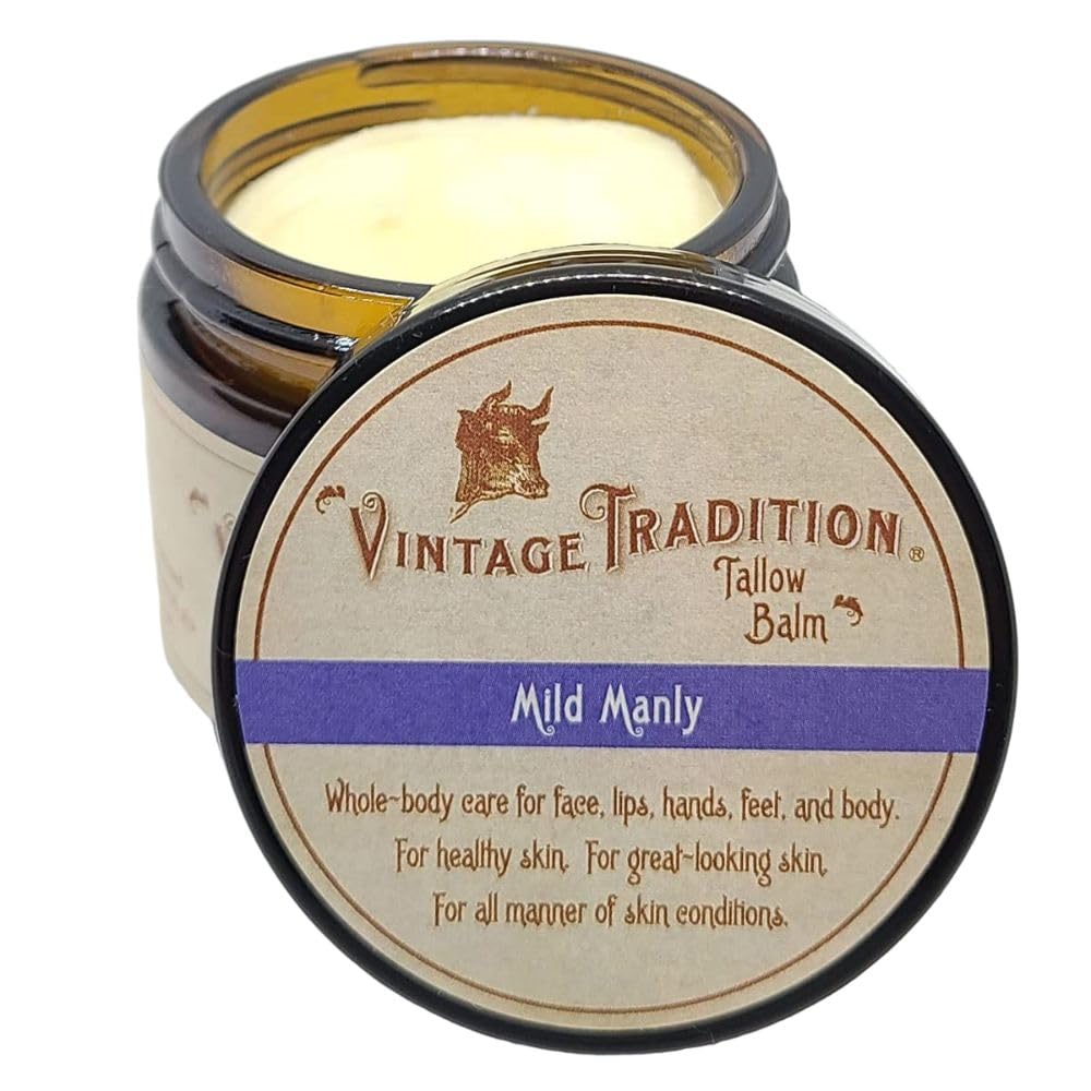 Vintage Tradition beef tallow balm tin close-up showing rich texture for deep hydration