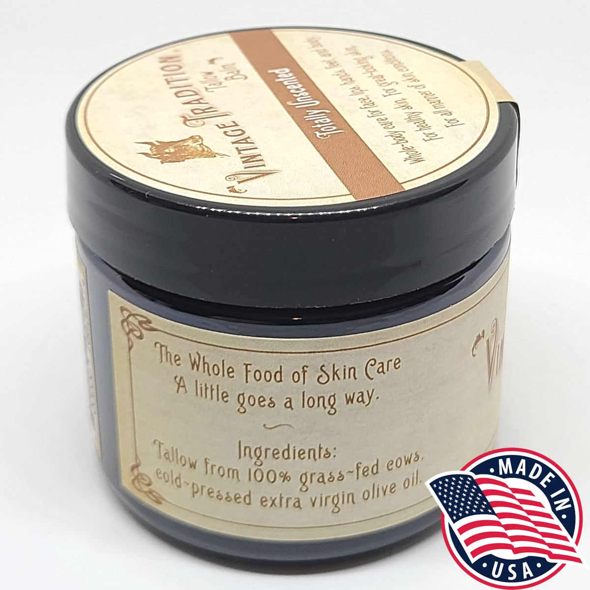 Vintage Tradition beef tallow balm unscented application demonstrates deep, fast absorbing moisture for dry skin.