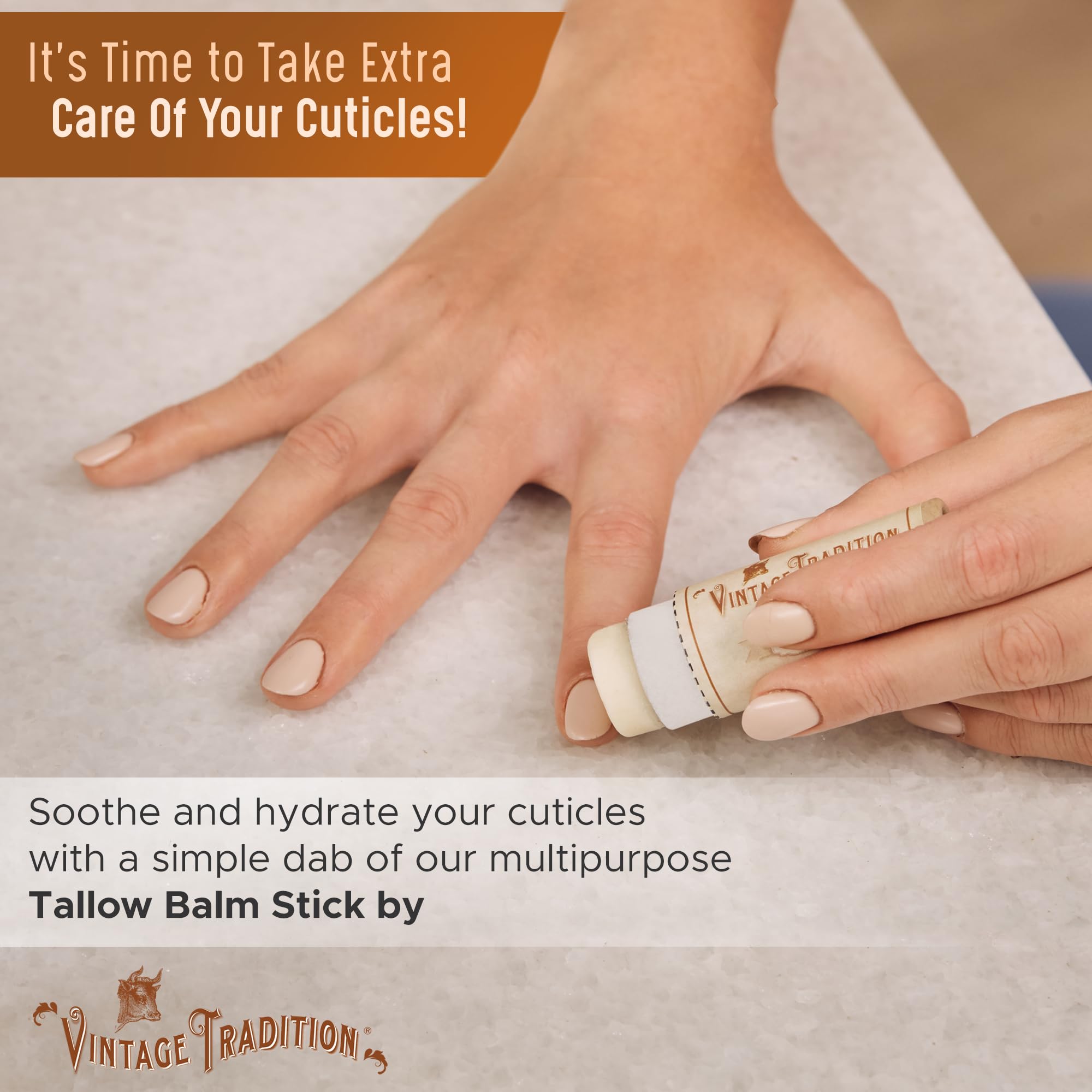 Vintage Tradition lip balm used on cuticles for versatile hydration