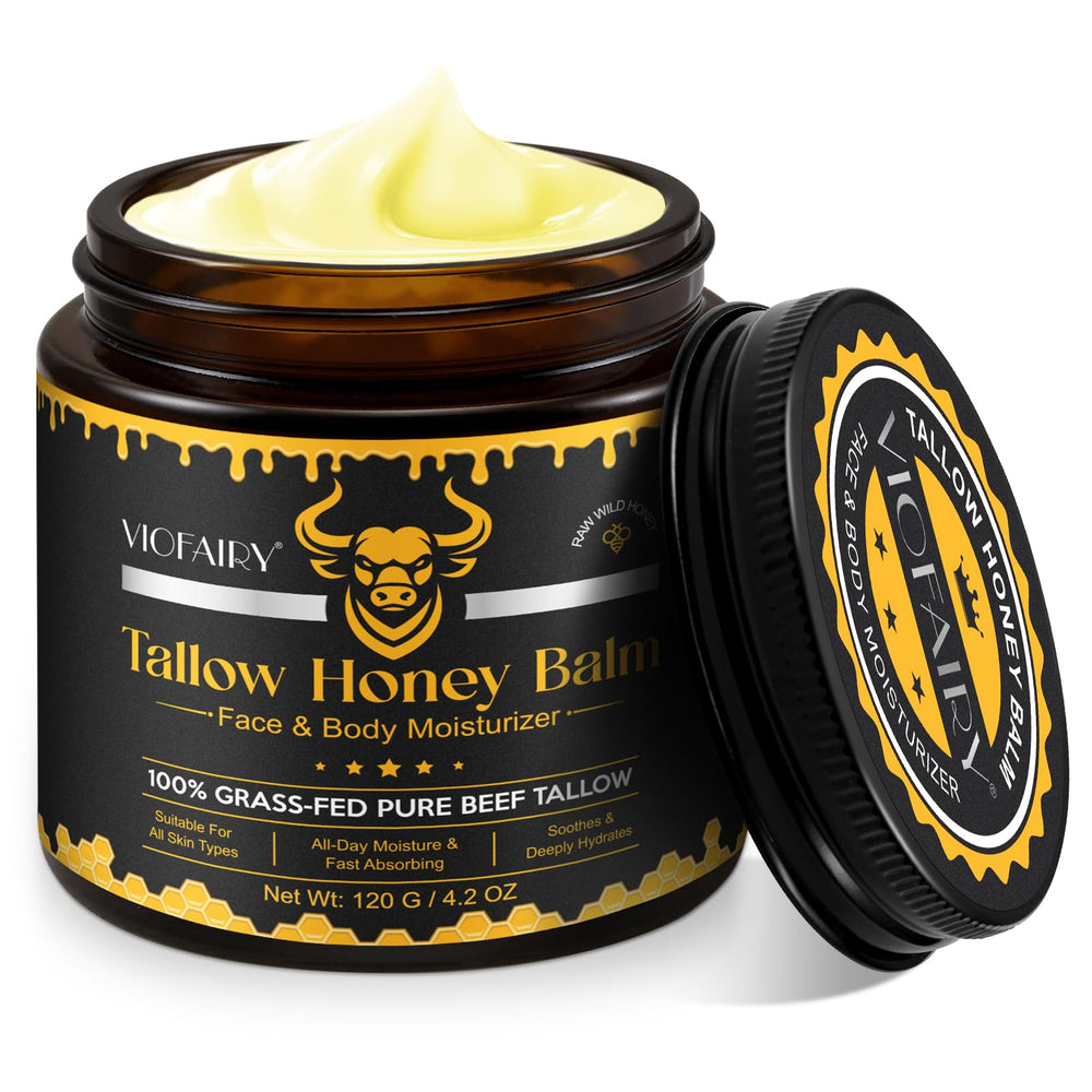 VIOFAIRY Beef Tallow Balm jar closeup with creamy whipped texture for smooth skin