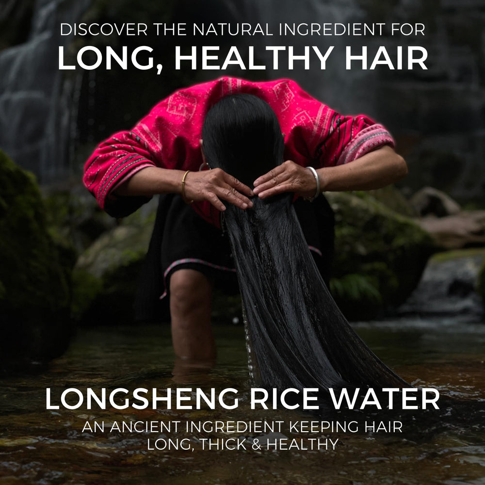 Agua de arroz Longsheng y ingredientes clave para nutrir el cabello.
