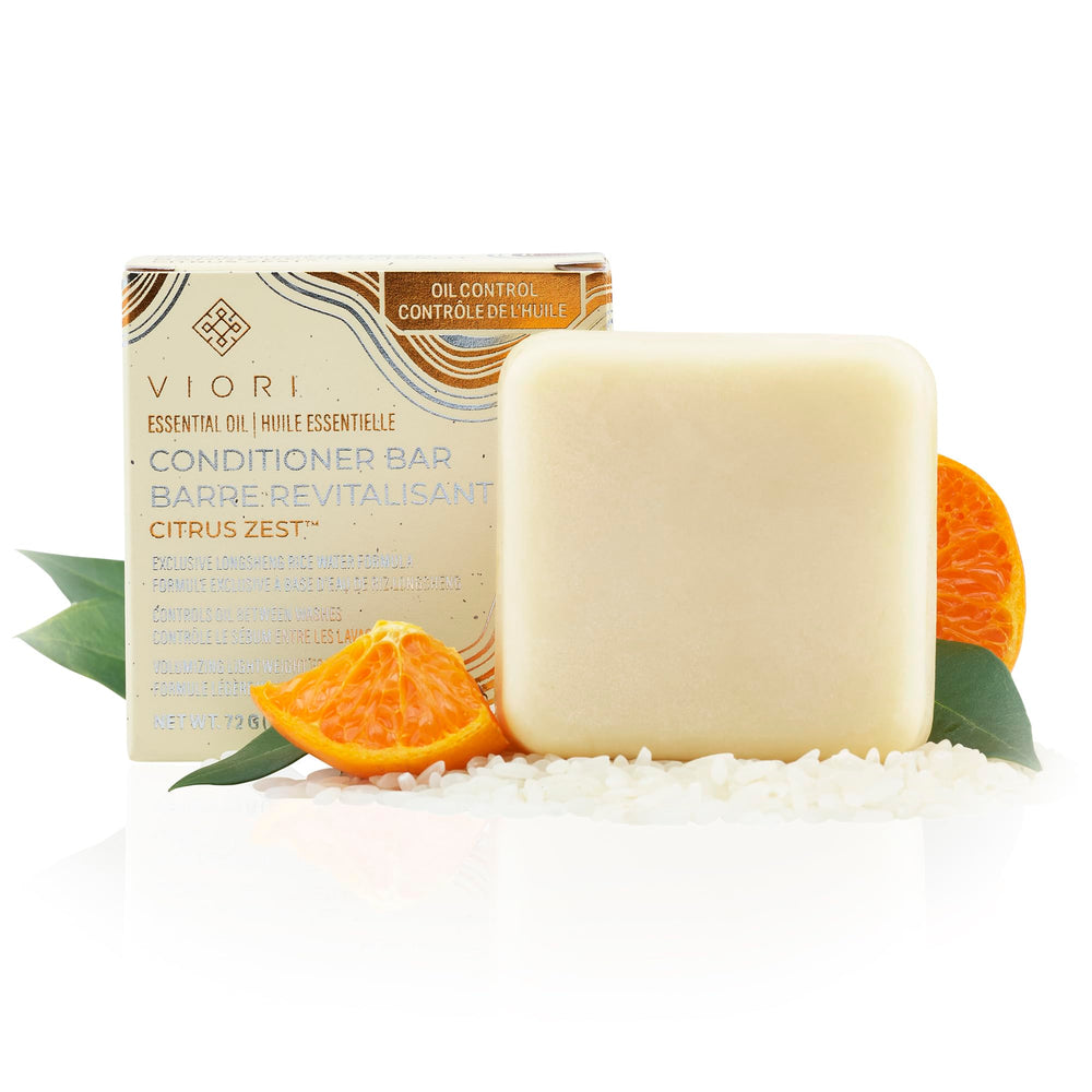 Viori Citrus Zest conditioner bar packaging shows plastic-free design for eco-friendly care.