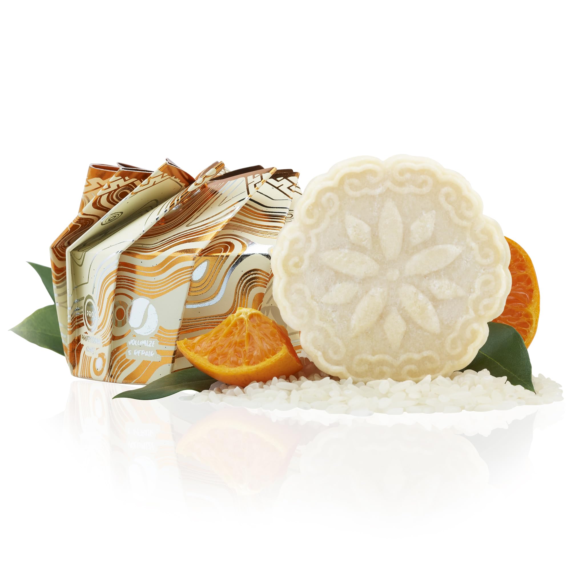 Viori Citrus Zest shampoo-bar closeup showing rice water cleanse for refreshed hair
