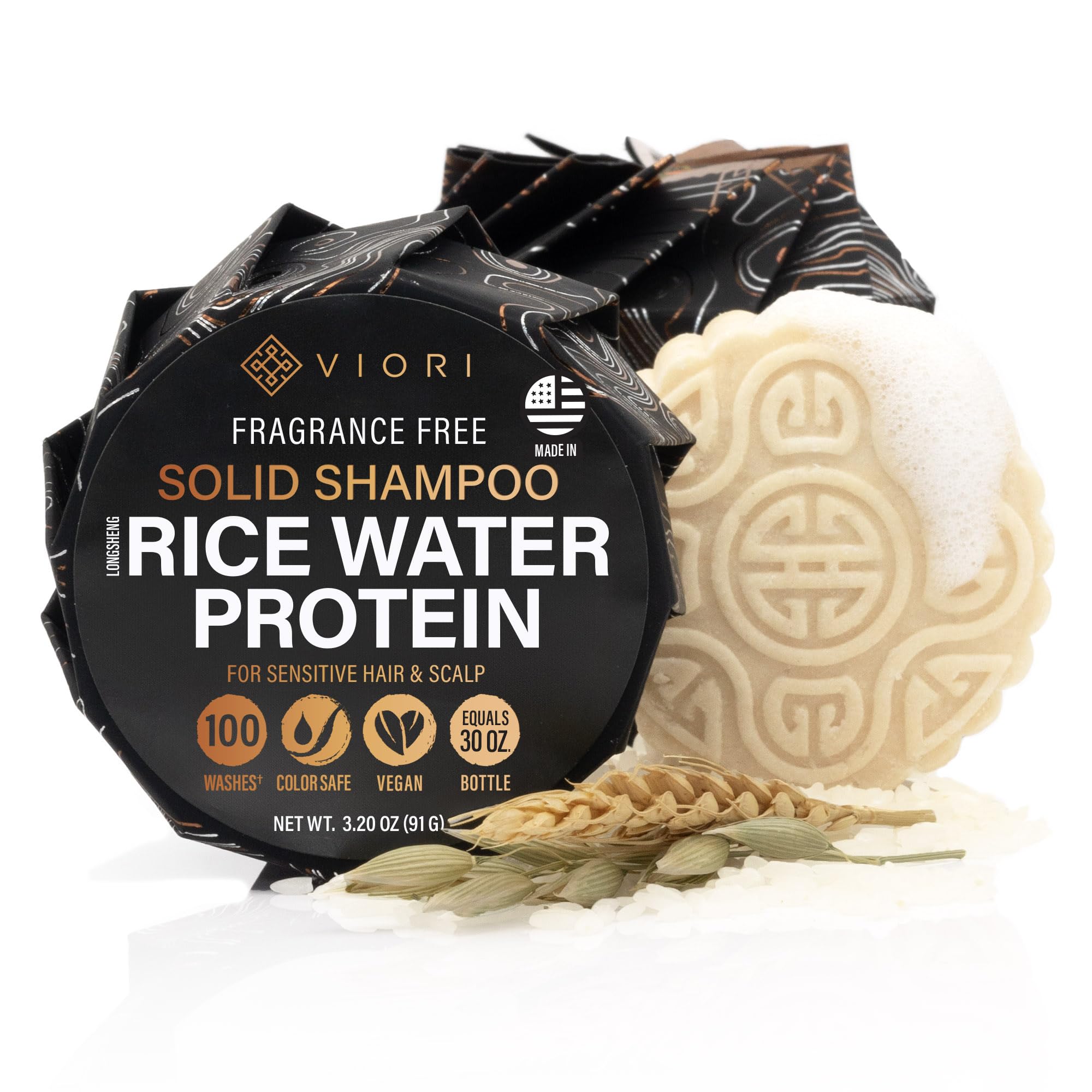 Viori Native Essence Shampoo Bar rice water close-up highlights nourishing oils for healthy-looking hair.
