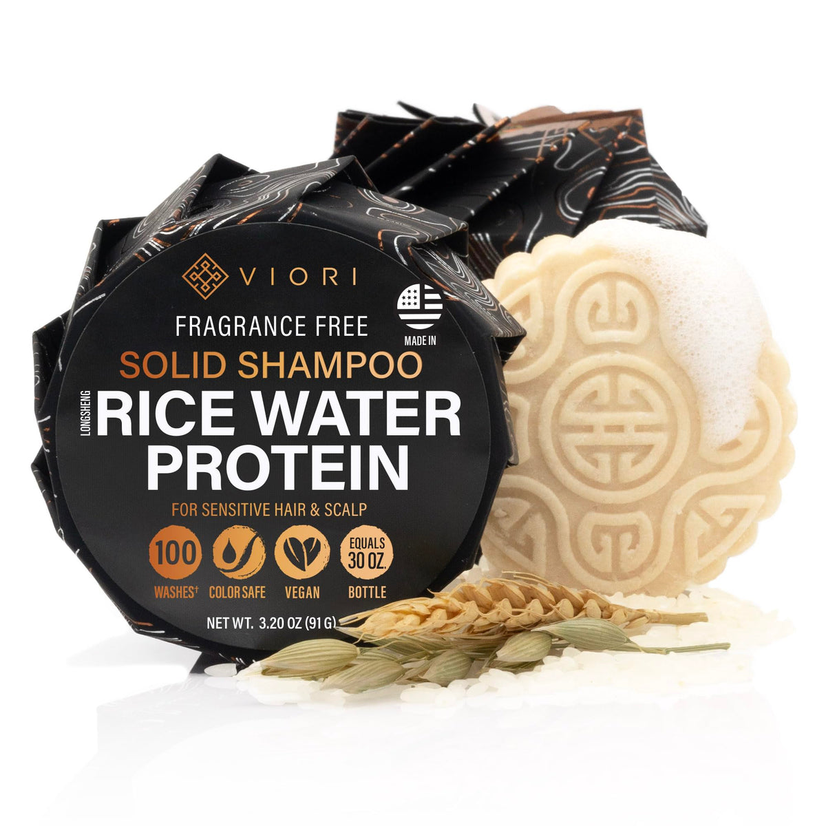 Viori Native Essence Shampoo Bar rice water close-up highlights nourishing oils for healthy-looking hair.