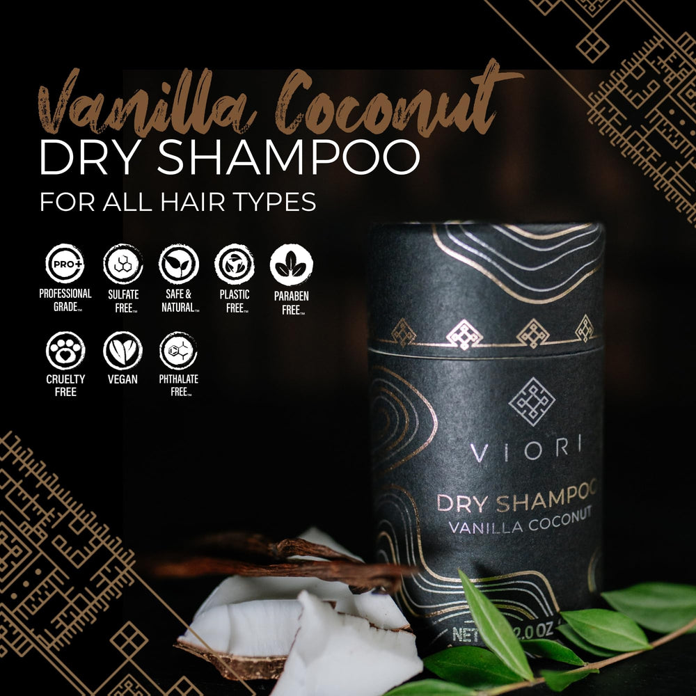 Textura ligera del polvo seco Viori champú vainilla coco para cabello limpio.