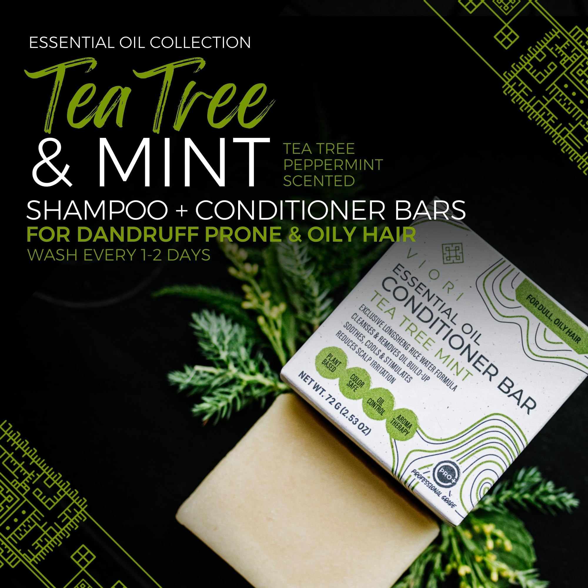 Viori Tea Tree Mint Conditioner Bar closeup texture reveals creamy, conditioning formula.