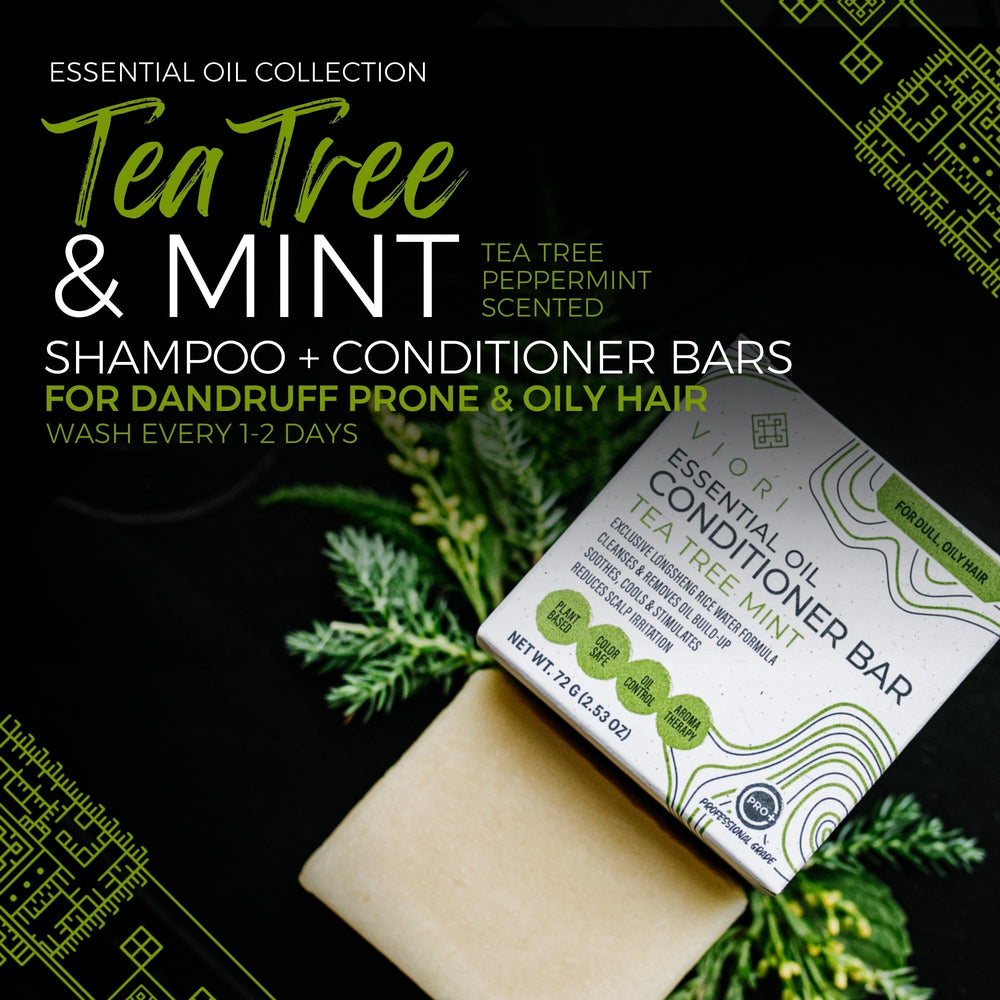 Viori Tea Tree Mint Conditioner Bar closeup texture reveals creamy, conditioning formula.
