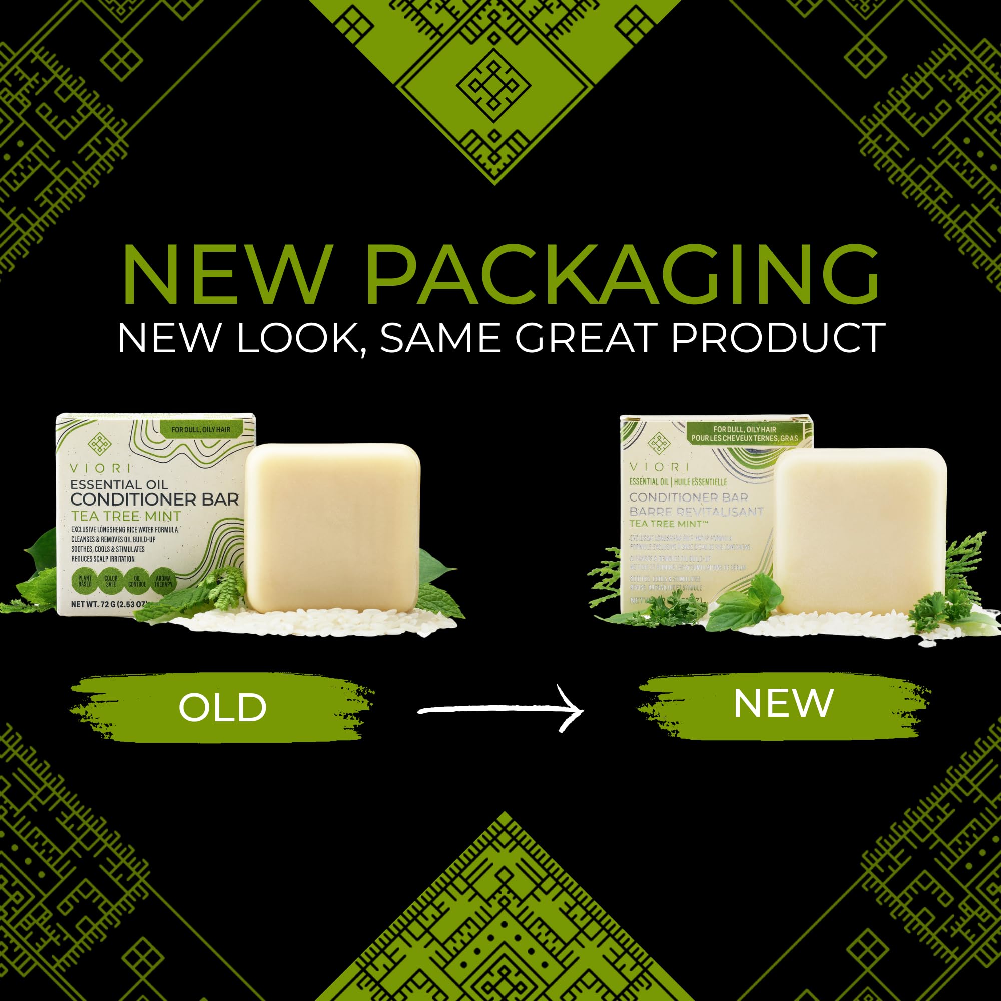 Viori Tea Tree Mint Conditioner Bar ingredient spotlight on rice water and vitamins.