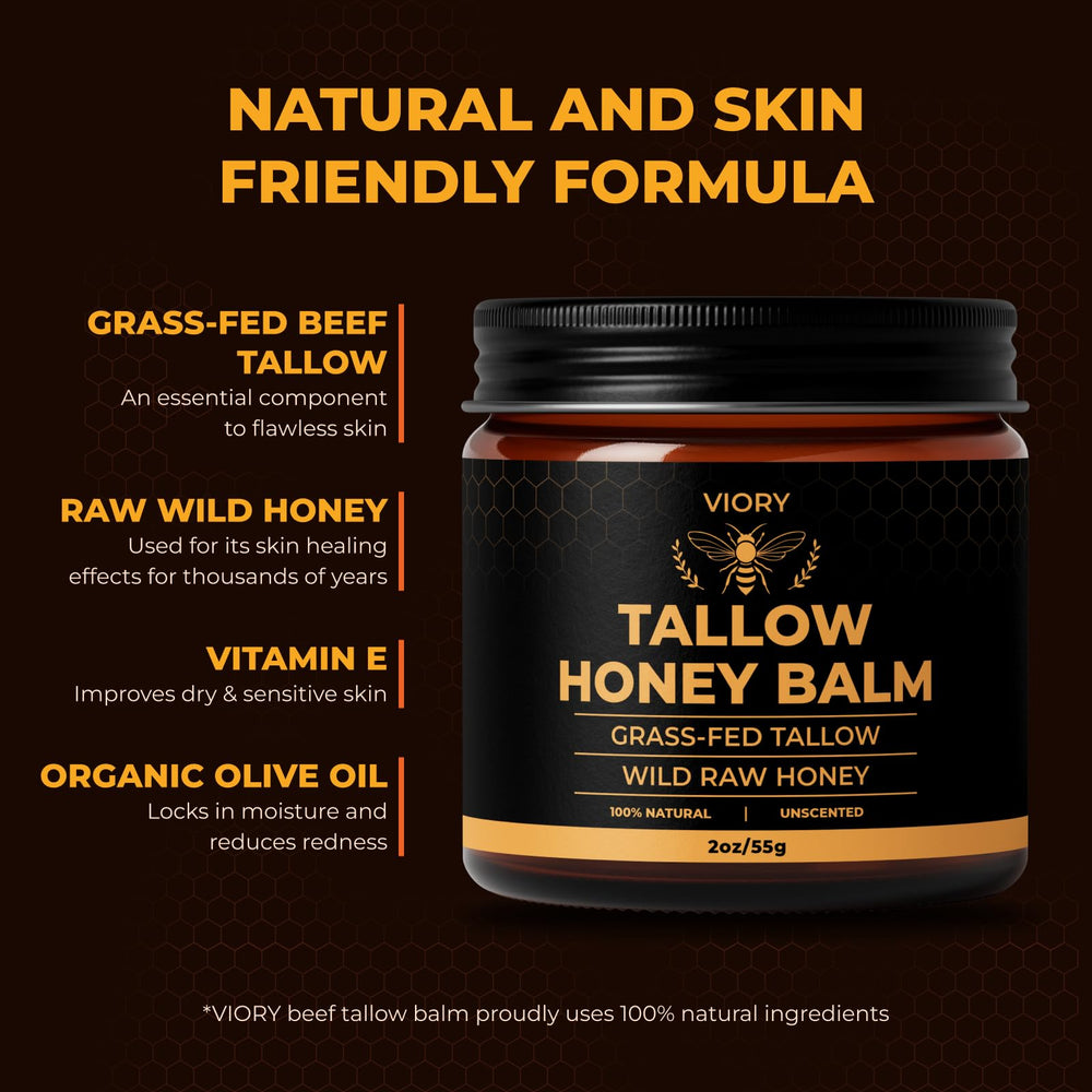 VIORY Tallow and Honey Balm spread on finger highlights easy-to-apply texture for sensitive skin.