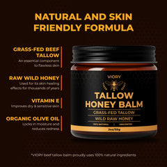 VIORY Tallow and Honey Balm spread on finger highlights easy-to-apply texture for sensitive skin.