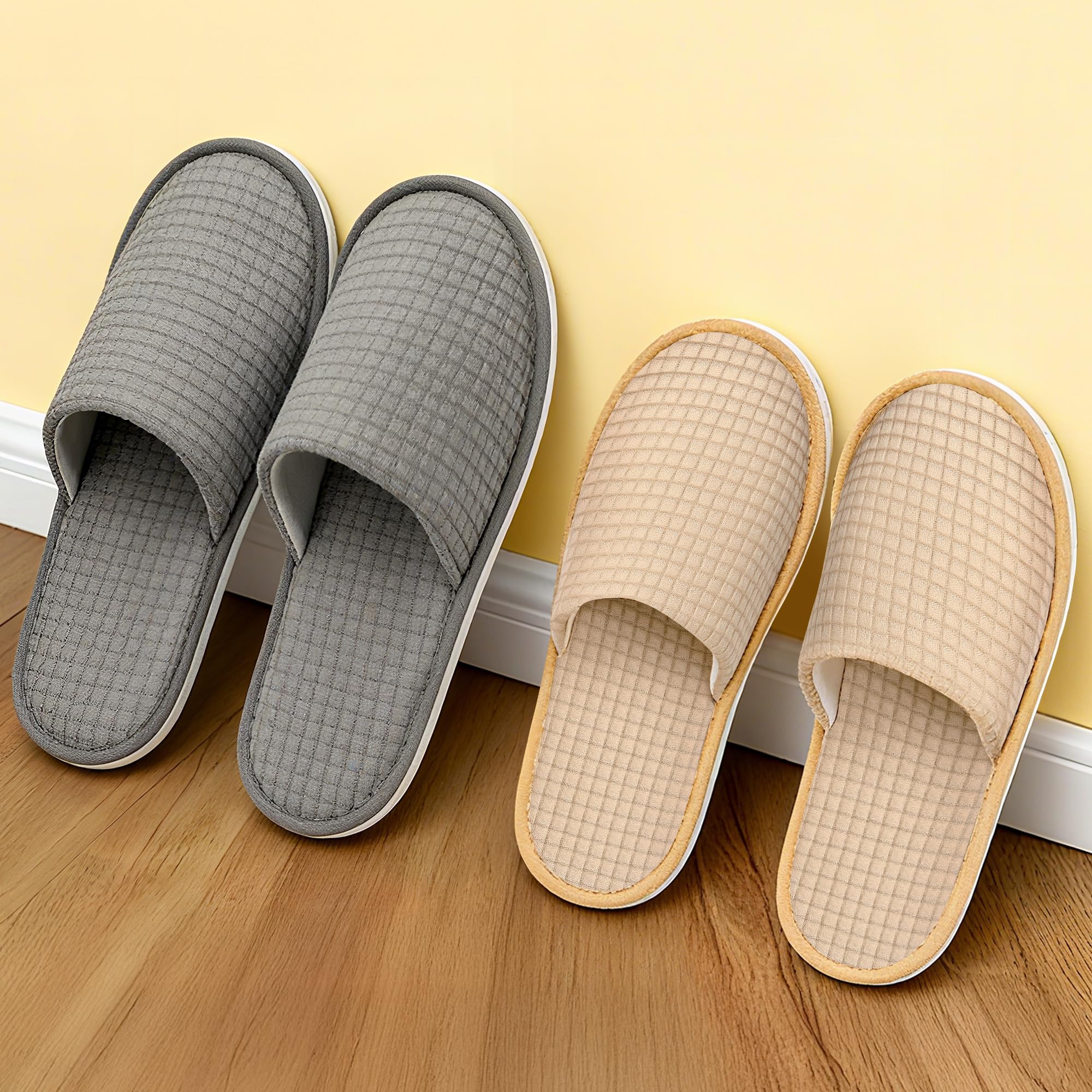 Vipay M-size beige slippers showing comfortable fit for most guests.