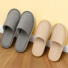 Vipay M-size beige slippers showing comfortable fit for most guests.