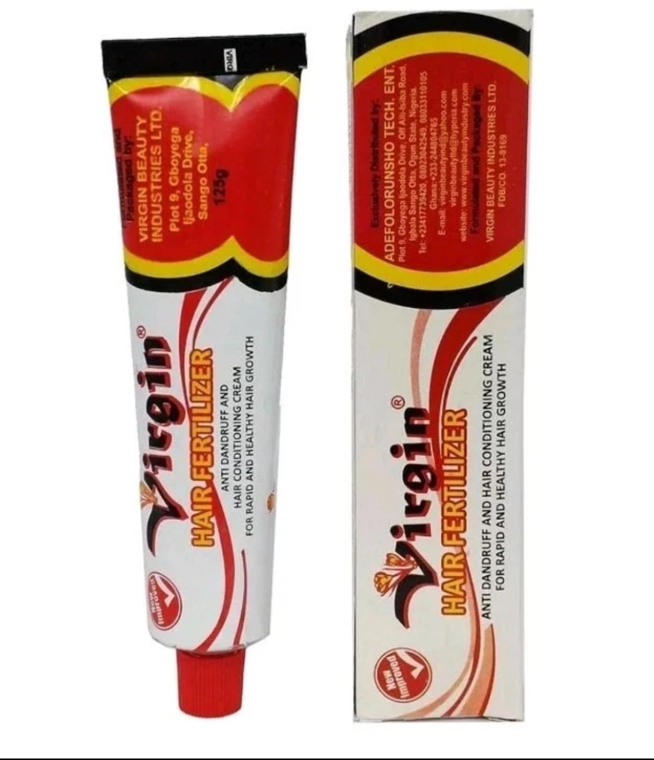Virgin Hair Fertilizer tube-cream shows smooth application for promoting hair growth support.