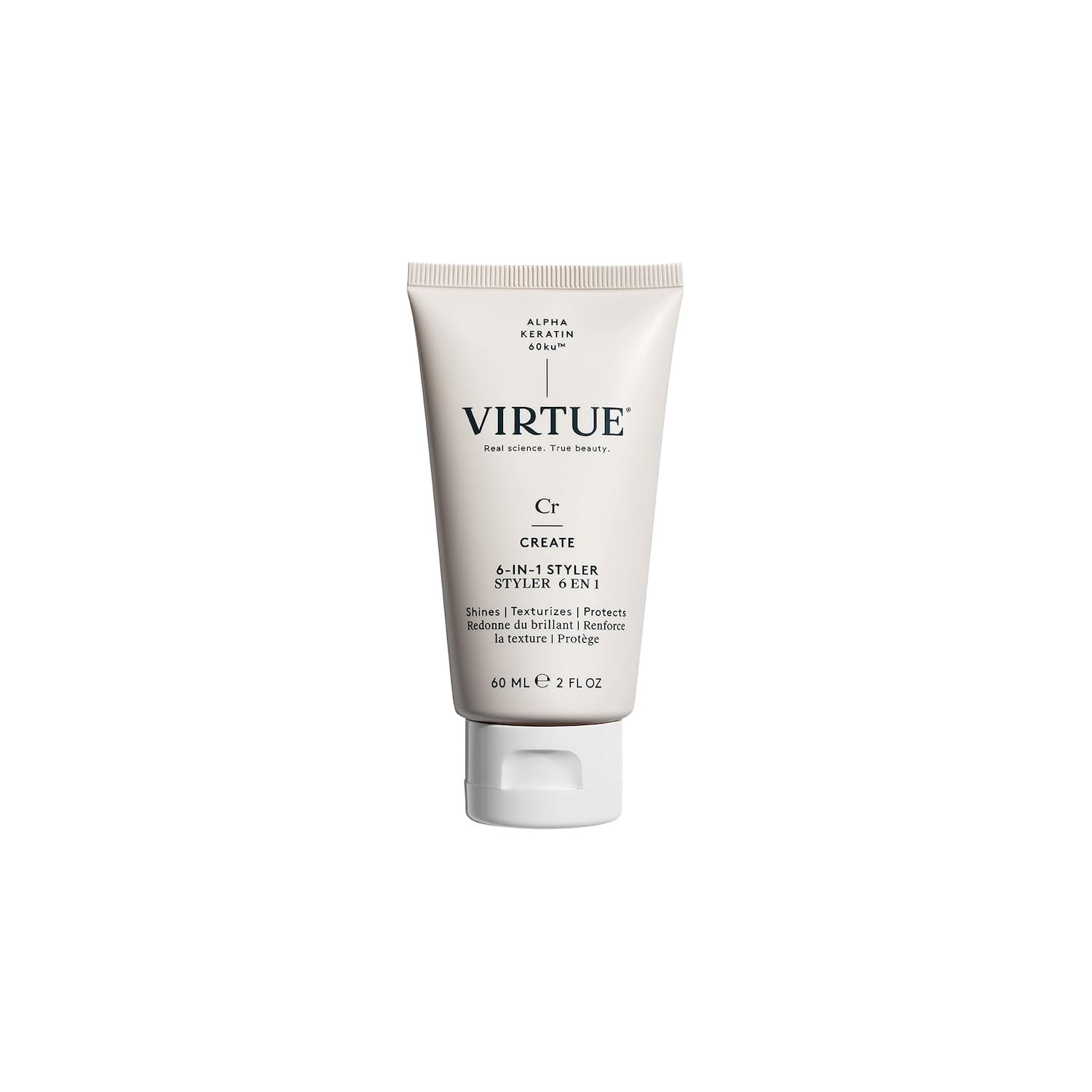 Virtue 6-in-1 Styler bottle shows lightweight cream for all hair types.