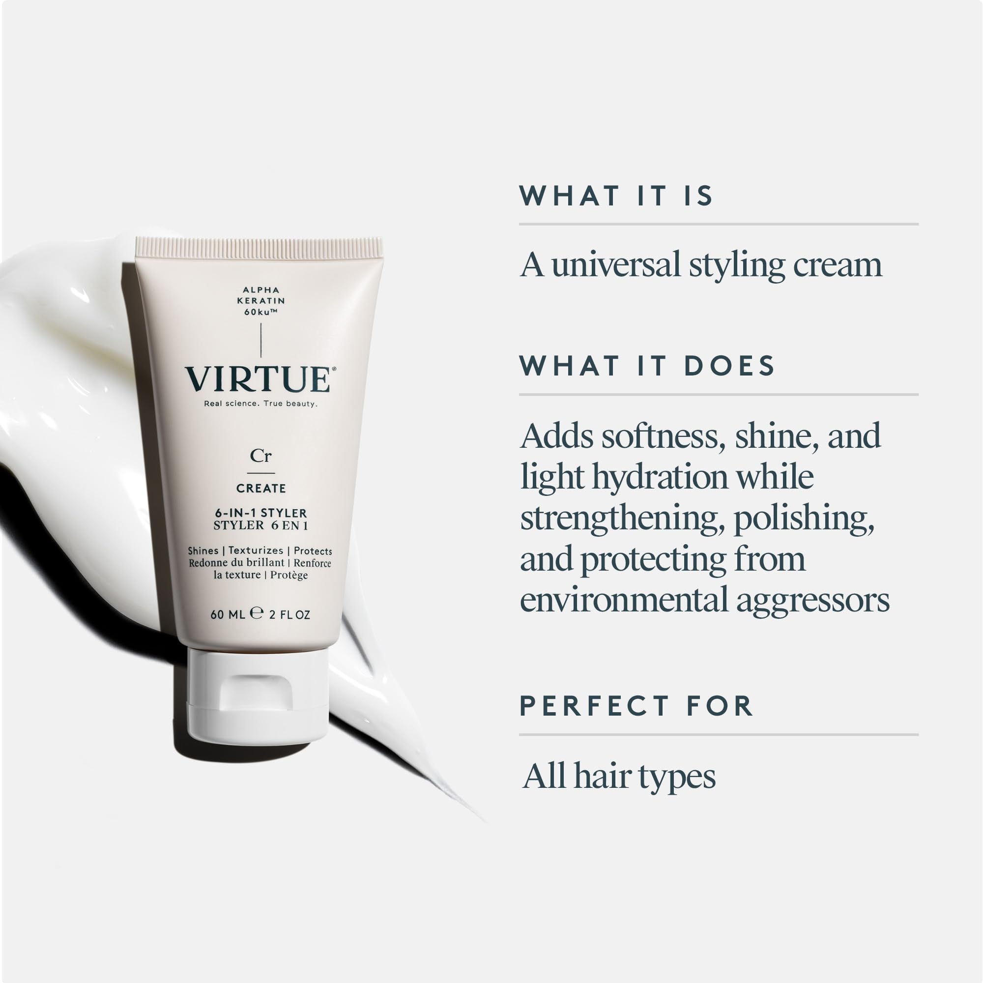 Virtue 6-in-1 Styler front-view emphasizes compact bottle for travel-ready styling.