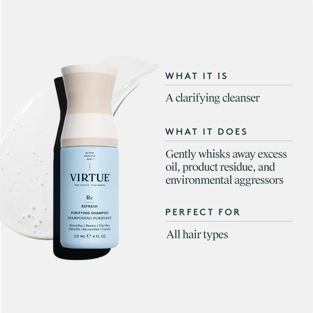 Virtue Clarifying Detox Shampoo with Alpha Keratin 60ku shown during application.