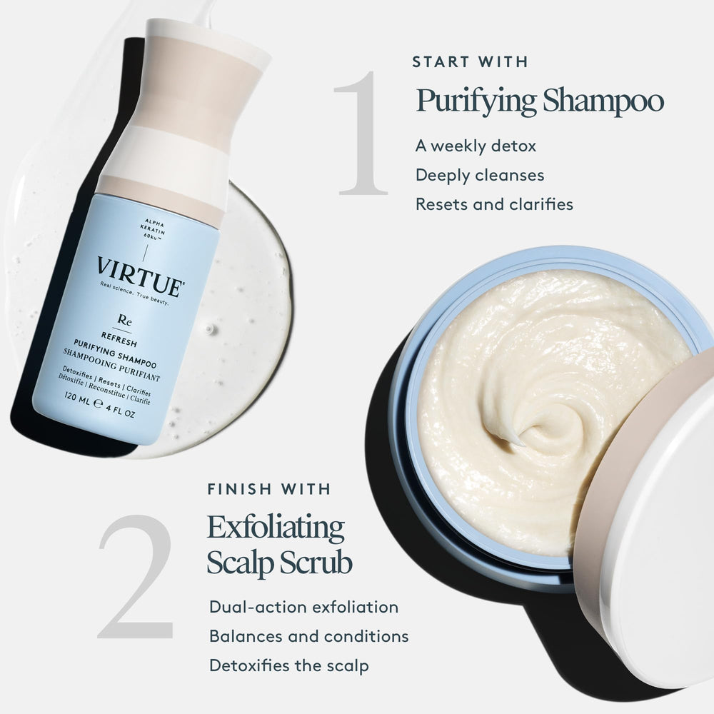 Fragrance close-up highlights citrus and floral notes in Virtue Detox shampoo.