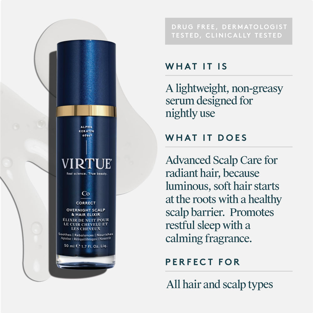 Virtue Correct Overnight Elixir dropper close-up shows precise application for scalp hydration.