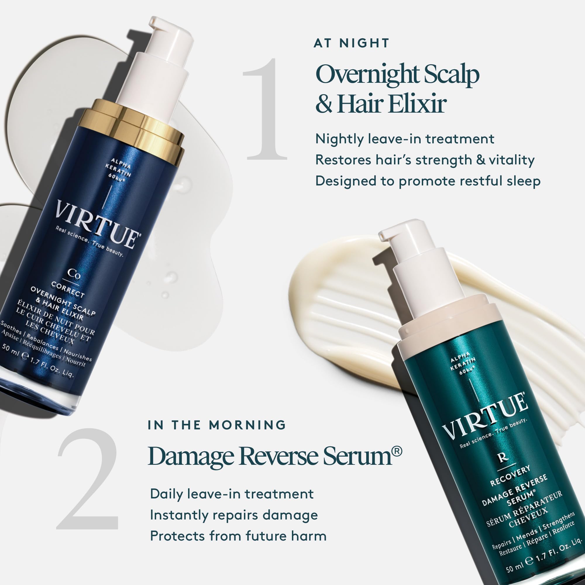 Virtue Correct Overnight Elixir bottle close-up with ingredient highlights for scalp care.