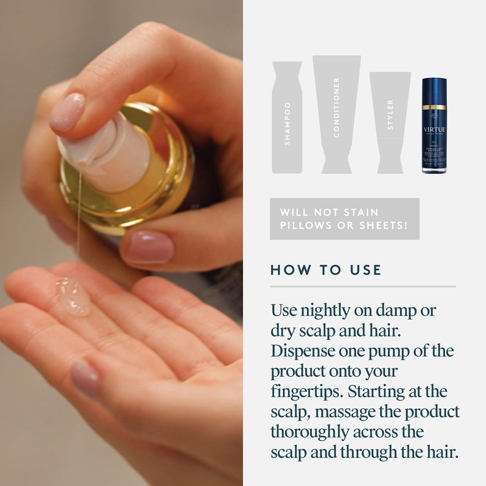 Virtue Correct Overnight Elixir ingredients close-up highlighting Alpha Keratin 60ku and peptides.