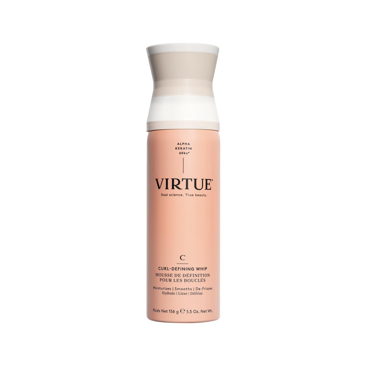 Virtue Curl Defining Whip bottle showing lightweight curl hold and frizz control benefits