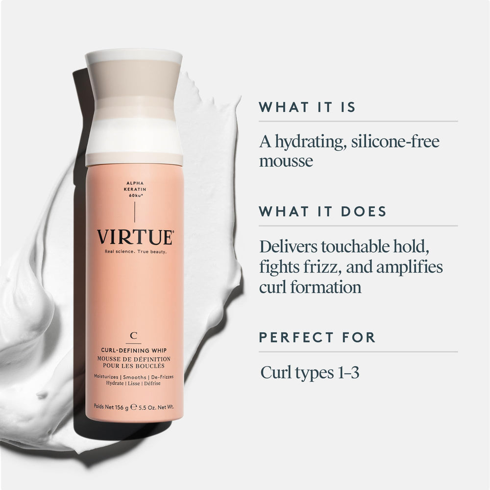 Virtue Curl Defining Whip dispensing action for even distribution on damp hair