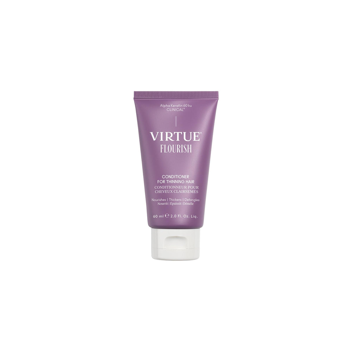 VIRTUE Flourish conditioner bottle close-up highlights silicone-free, gentle detangling for fine hair