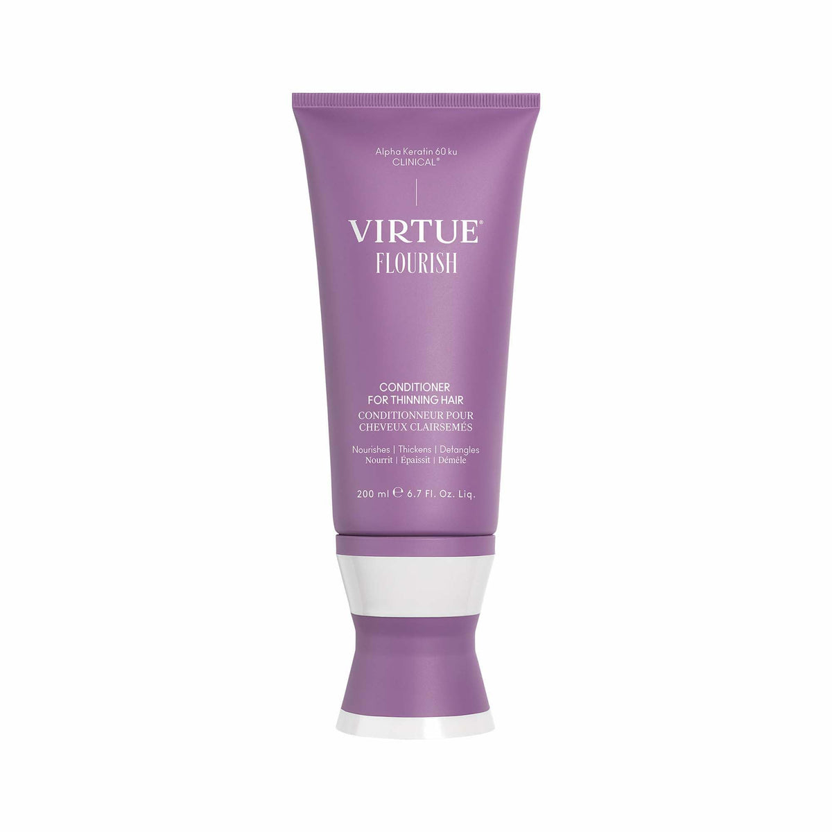Virtue Flourish conditioner bottle demonstrates lightweight detangling for thinning hair.