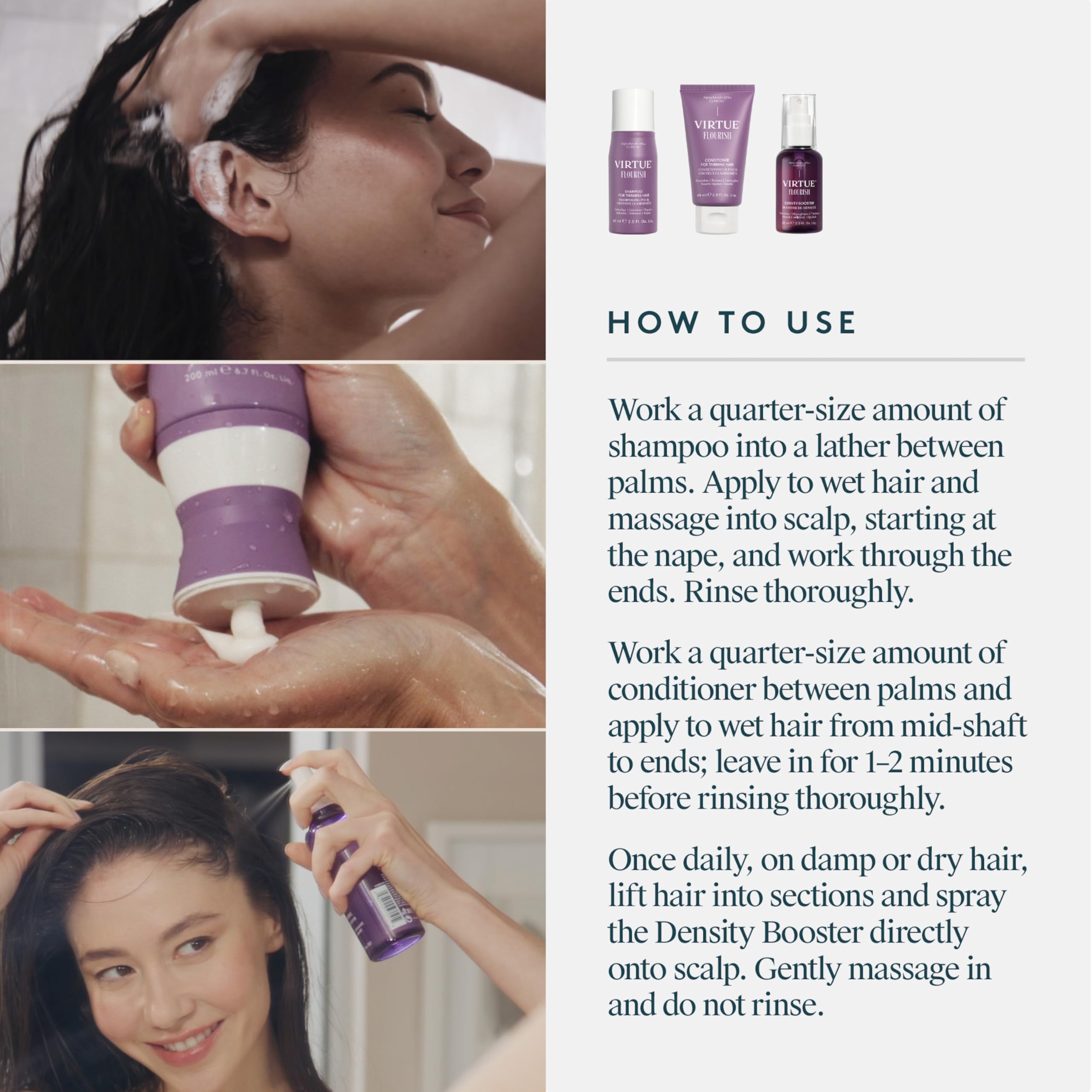 Virtue Flourish Conditioner coating demonstrates nourishing care for manageability.