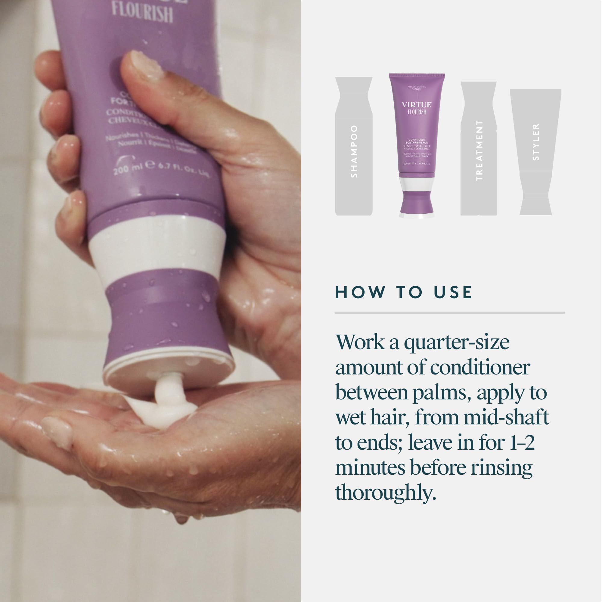 VIRTUE Flourish gentle-care scene suggests safe use on chemically treated hair