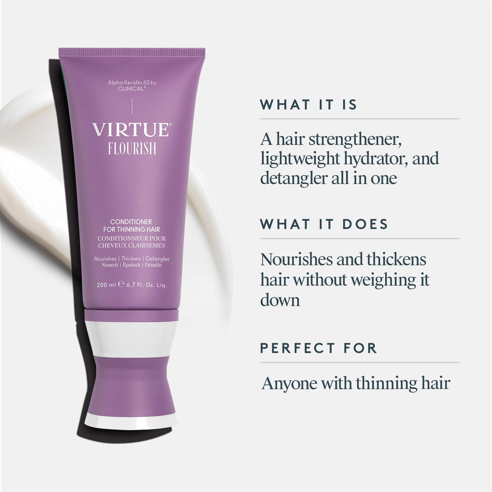 Virtue Flourish conditioner wet-hair appears hydrated and manageable.