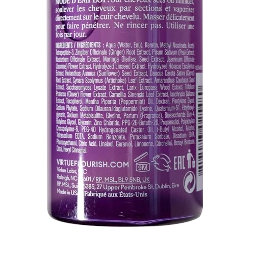 Virtue Flourish Density Booster Spray science-closeup highlights antioxidants and protein blend for potential growth support.