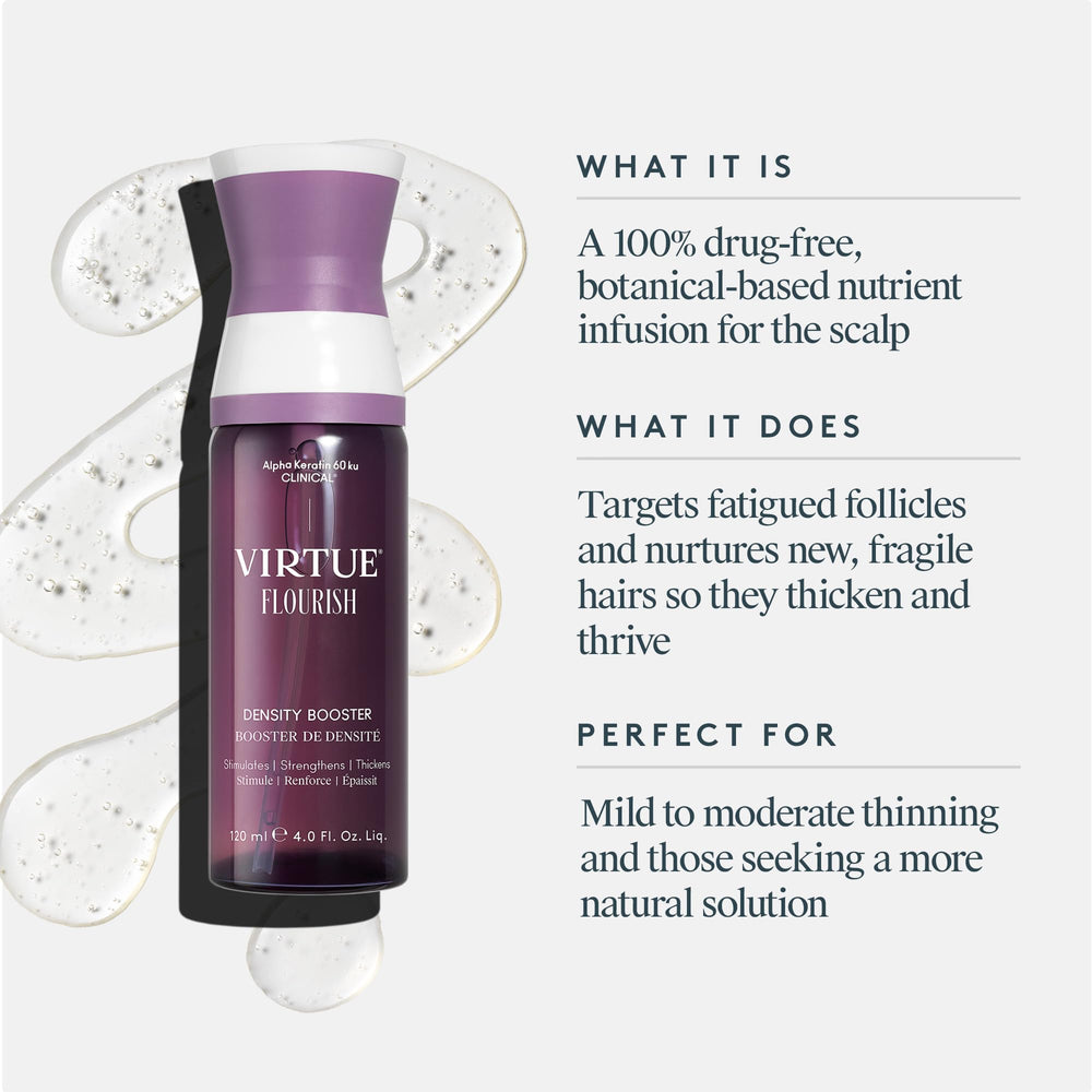 Virtue Flourish Density Booster Spray with color-safe formula compatible with treated hair.