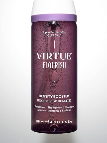 Virtue Flourish Density Booster Spray mist dispense demonstrates fast-absorbing, residue-free application.