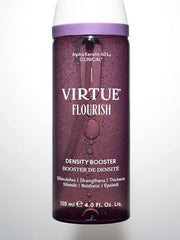 Virtue Flourish Density Booster Spray mist dispense demonstrates fast-absorbing, residue-free application.