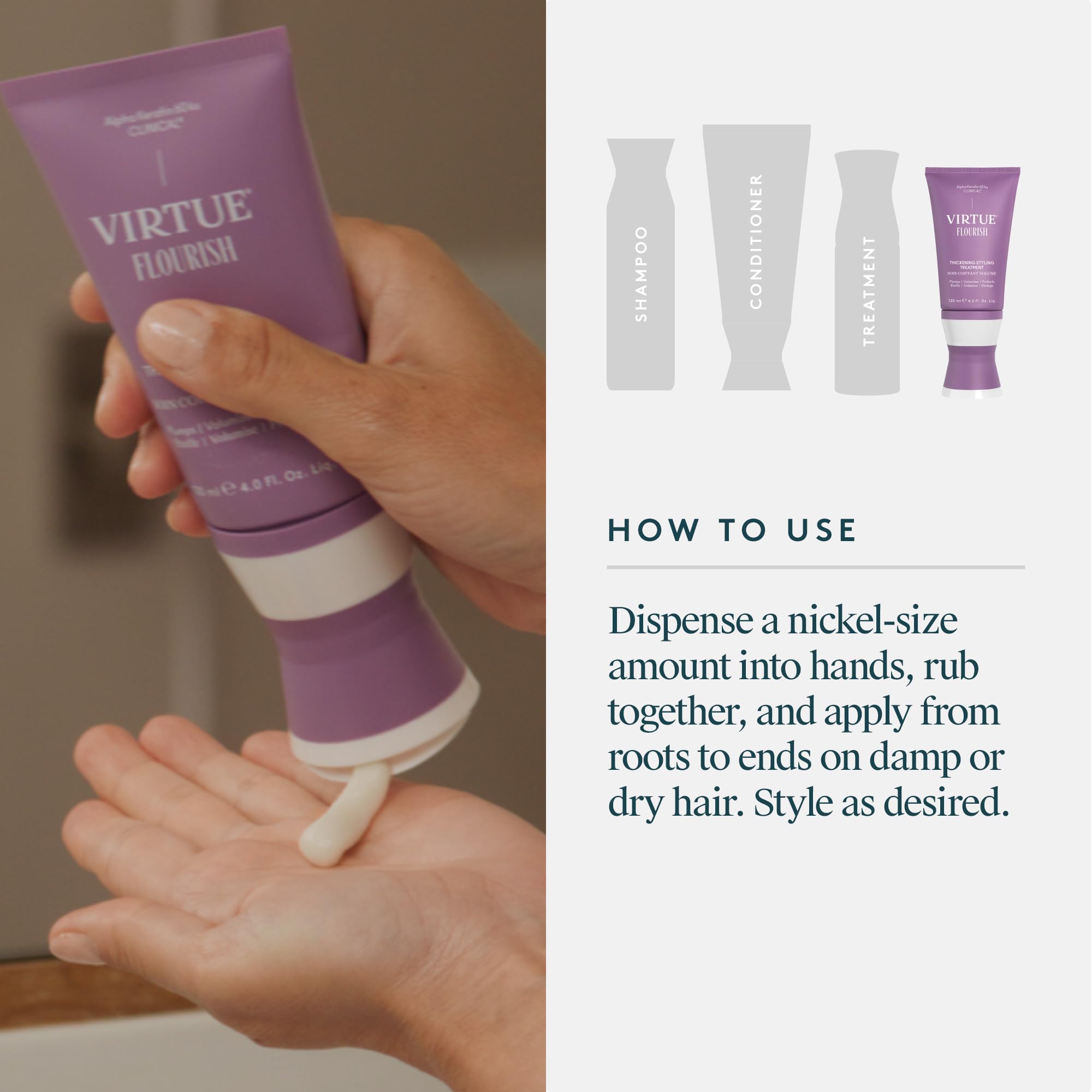 VIRTUE Flourish-heat-protection-450 demonstrates heat shield for safe styling.
