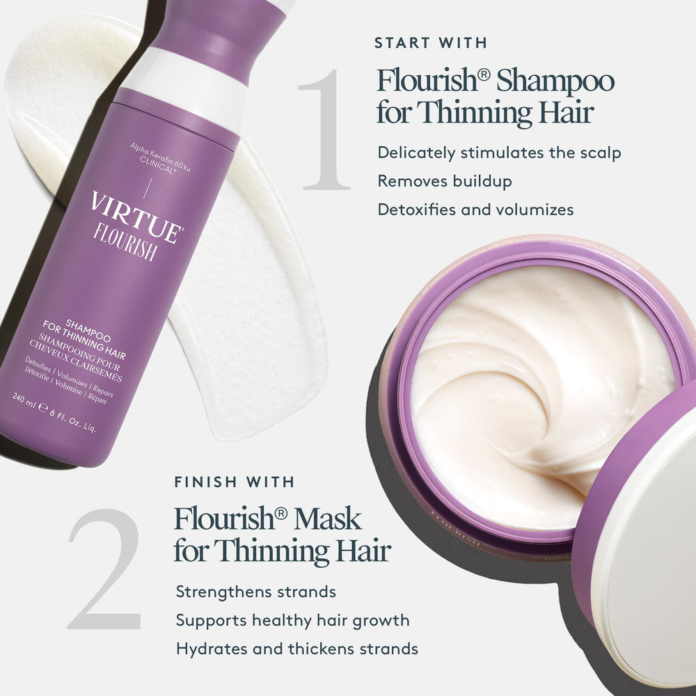 Virtue Flourish mask vegan formula communicates clean, conscious hair care.