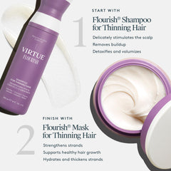 Virtue Flourish mask vegan formula communicates clean, conscious hair care.