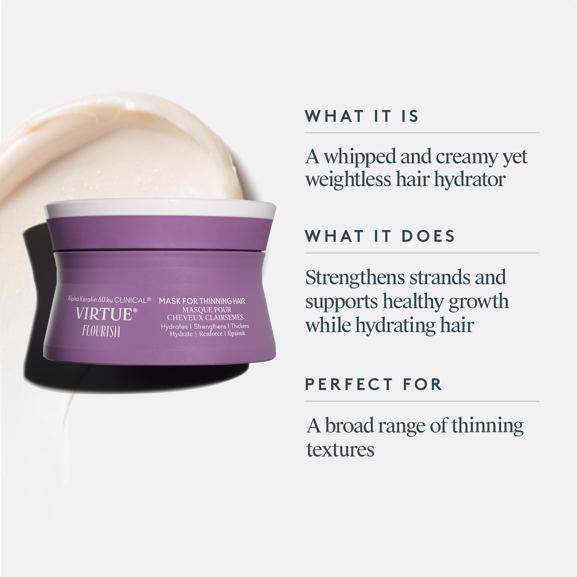 Virtue Flourish mask whipped texture close-up for creamy, lightweight coverage.