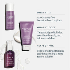 Virtue Flourish Shampoo suds illustrate gentle cleansing for thinning hair care.