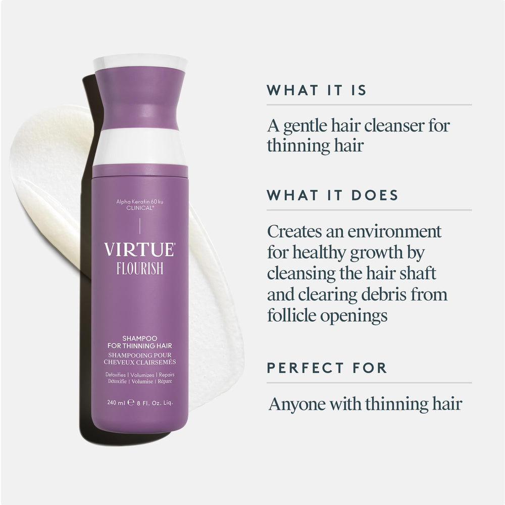 Virtue Flourish Shampoo vegan formula label highlights cruelty-free choice.
