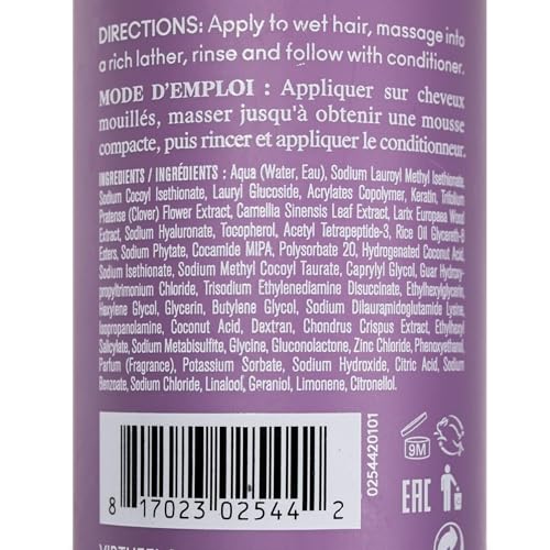 Virtue Flourish sulfate-free shampoo bottle close-up showing color-safe formula.